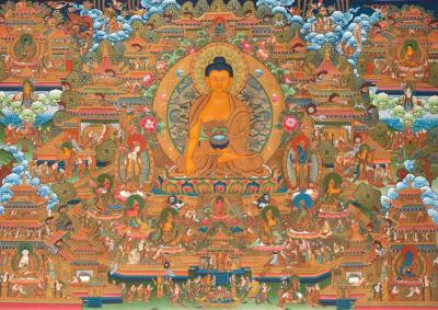 24K Gold Style Shakyamuni Buddha | Horizontal Original Thangka Painting